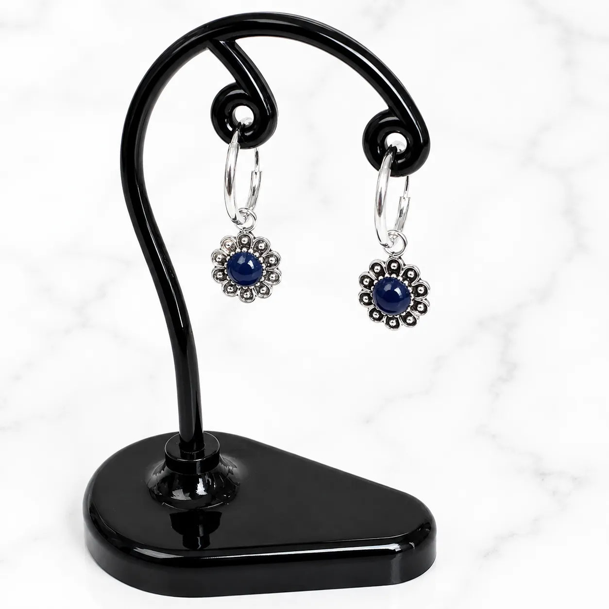 Aros argollas con colgante flor azul 12mm