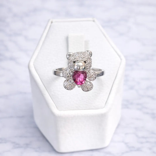 Anillo oso corazón circón fucsia