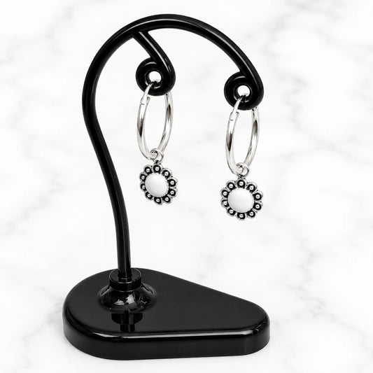 Aros argollas con colgante flor blanca 12mm