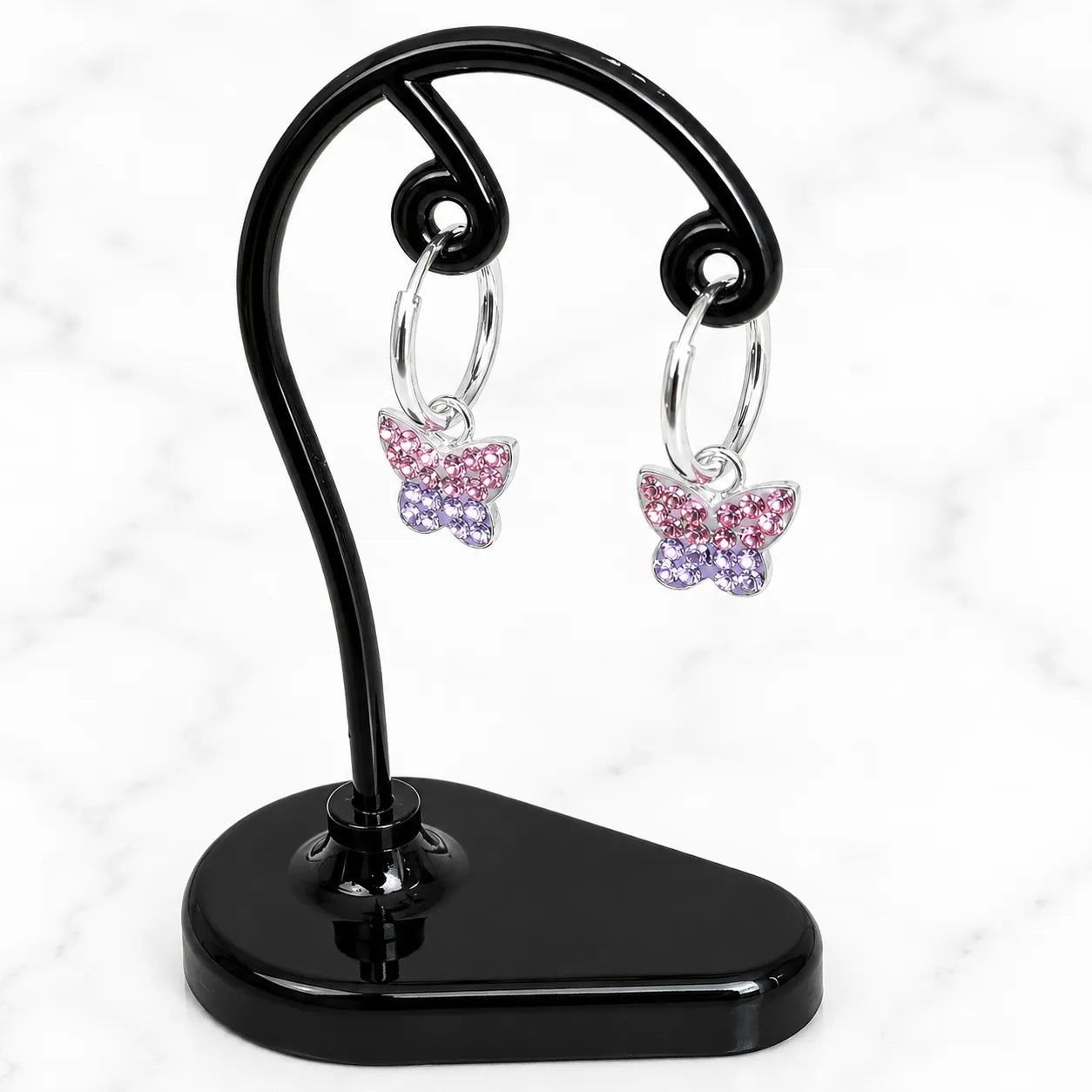 Aros argollas con colgante mariposa circones rosado y lavanda 12mm