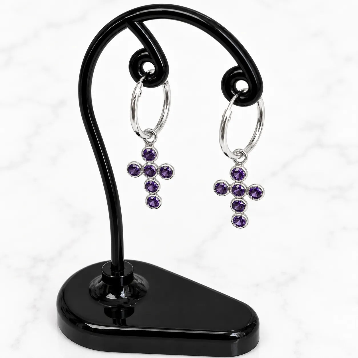 Aros argollas con colgante cruz circón amatista 12mm