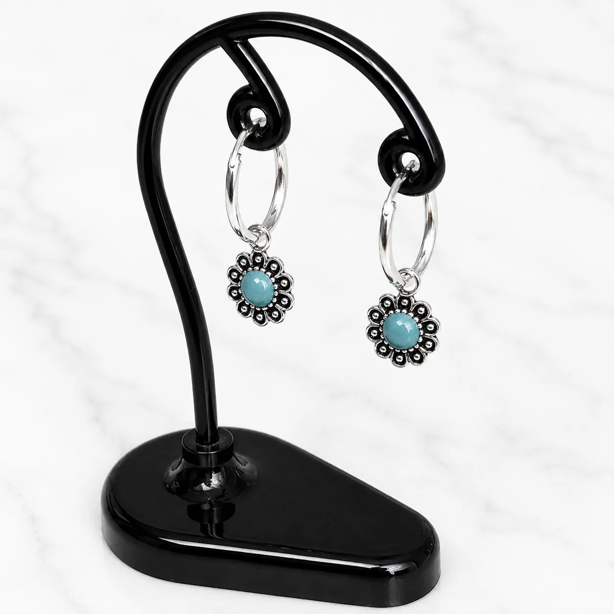 Aros argollas con colgante flor turquesa 12mm