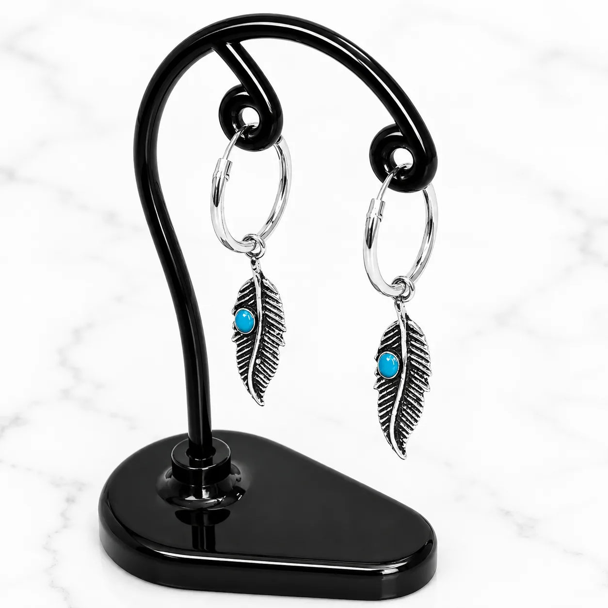 Aros argollas con colgante pluma turquesa 14mm