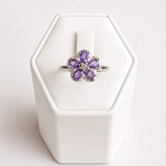 Anillo flor circón amatista