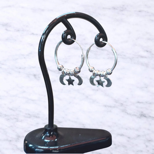 Argollas con colgante luna y estrellas 16mm