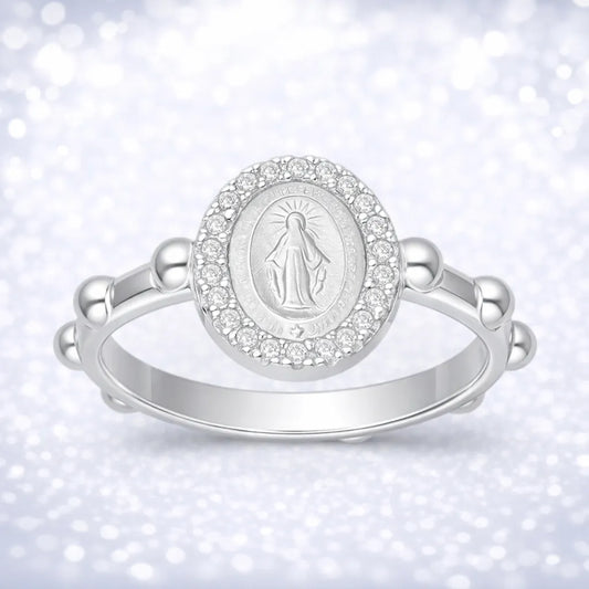 Anillo denario virgen milagrosa circón